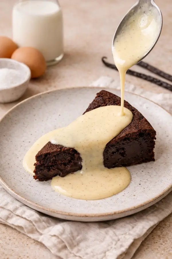 Crème anglaise servie sur une part de fondant au chocolat.