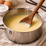 Crème anglaise onctueuse à la vanille dans une casserole.