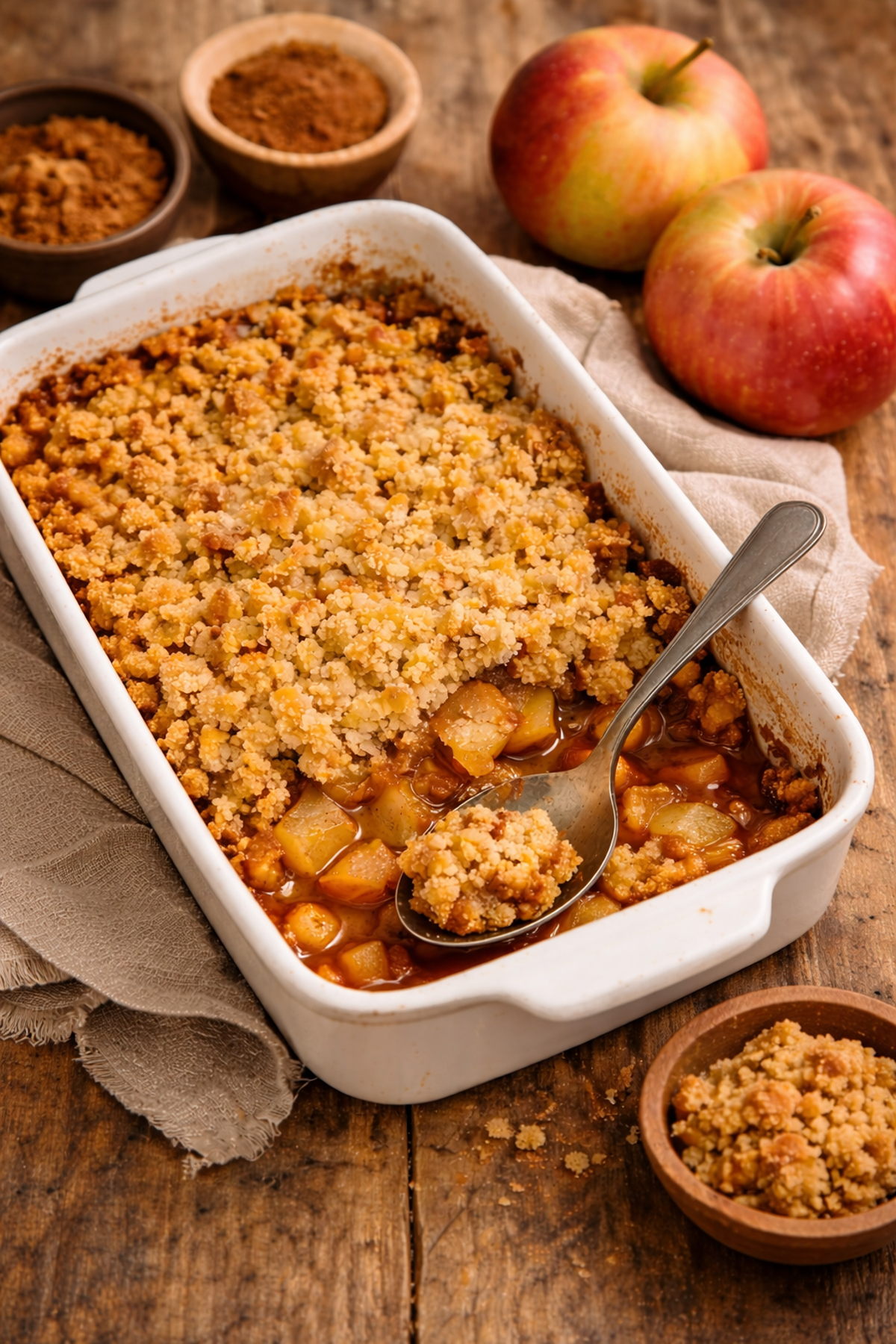 Crumble aux pommes maison doré et croustillant dans un plat de cuisson.