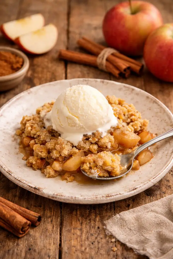 Crumble aux pommes maison doré et croustillant servi avec une boule de glace vanille sur une assiette blanche
