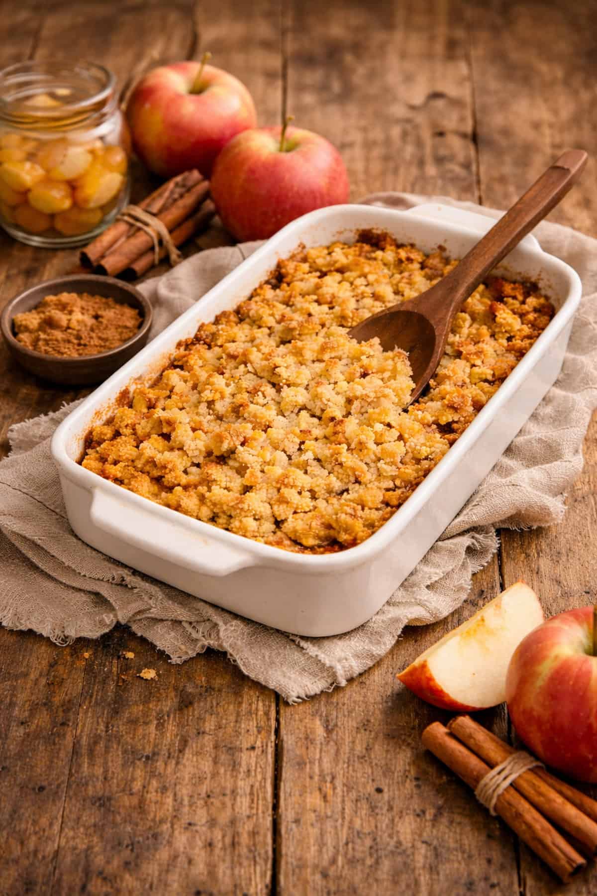 Crumble aux pommes maison doré et croustillant tout juste sorti du four dans un plat de cuisson.